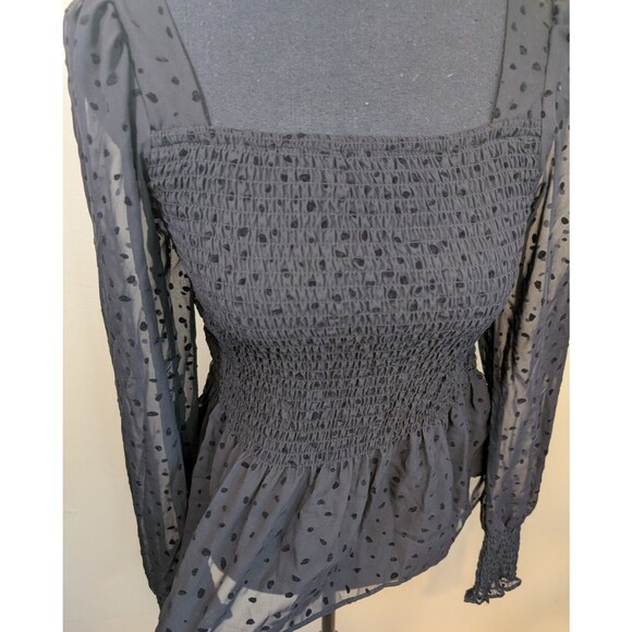 Nine West Blouse Black Smocked Square Neck Polka Dot Long Sheer Sleeves XS - Picture 9 of 13